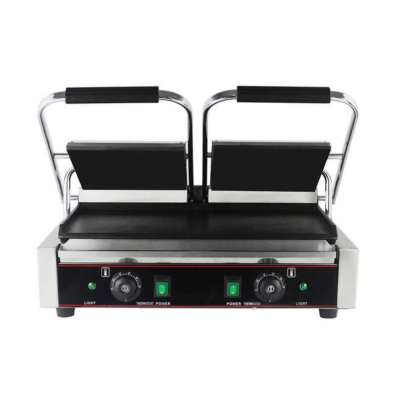 ماكينة مطبخ شواية بانيني كهربائية تجارية مزدوجة من الفولاذ المقاوم للصدأ